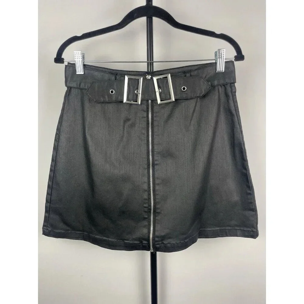 Amp Black Faux Leather Waxed Front Zip Goth Punk Mini Skirt With Belt Size‎ L